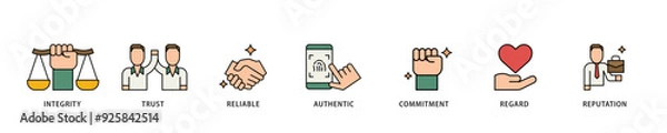 Fototapeta Credibility icon infographic illustration concept with icon of integrity, trust, reliable, authentic, commitment, regard, and reputation icon live stroke and easy to edit 