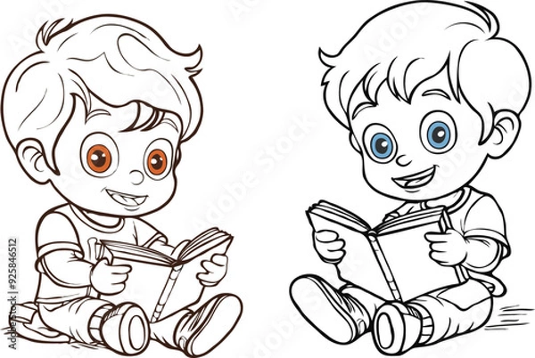 Fototapeta coloring page simple drawing of cartoon character reading a book in library , coloring book