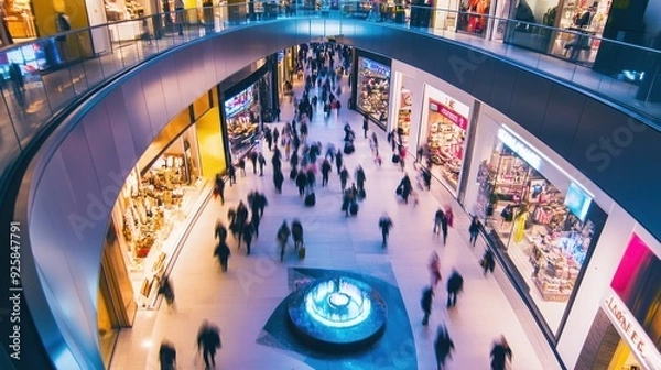 Fototapeta A bustling shopping mall with shoppers blurred in motion
