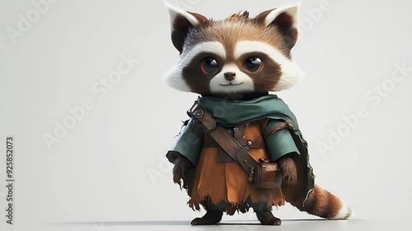 Fototapeta A cute cartoon raccoon wearing a green cloak and a brown leather bag, standing on a white background.