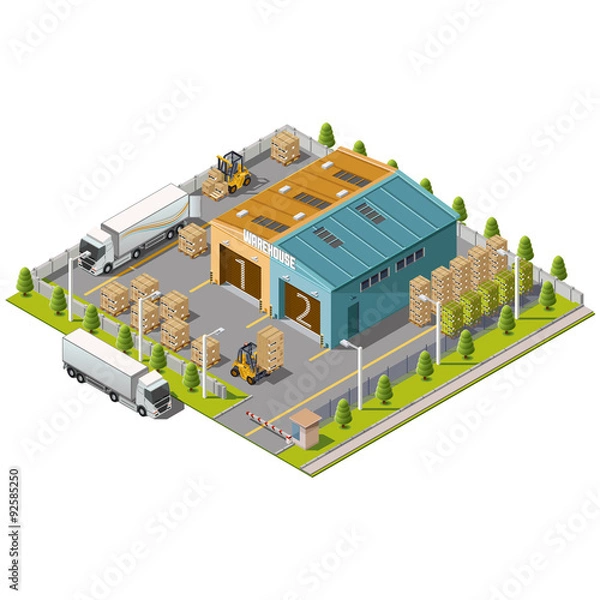 Fototapeta Warehouse Industrial area with seating for loading and unloading, shipping and delivery, transportation and building. Isolated vector 3D isometric concept