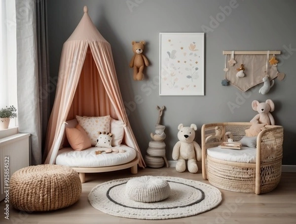 Obraz Cozy Playroom Interior with Canopy Bed and Stuffed Animals