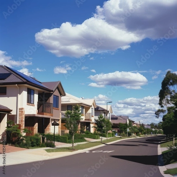 Fototapeta A serene neighborhood with modern houses framed against a backdrop of blue sky and fluffy clouds, epitomizing suburban serenity and communal living.