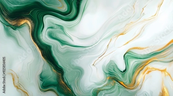 Fototapeta Abstract green and gold marbled design with smooth flowing textures