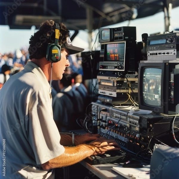 Fototapeta A technician in headphones operates sophisticated video and audio equipment at a live event, with multiple screens and a crowded background.