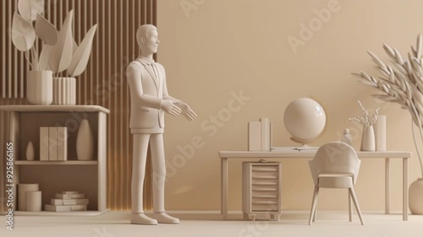 Fototapeta A minimalist workspace featuring a stylized figure, globe, and modern furniture in warm beige tones, promoting productivity and creativity.