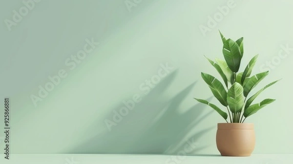 Fototapeta A vibrant green plant in a minimalist pot against a soft green wall, bringing a touch of nature indoors with stunning shadows.