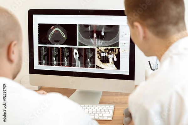 Obraz Dentists and assistant discussing the x-ray