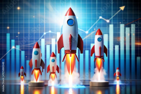 Fototapeta Rockets Taking Off Against a Financial Graph Background.