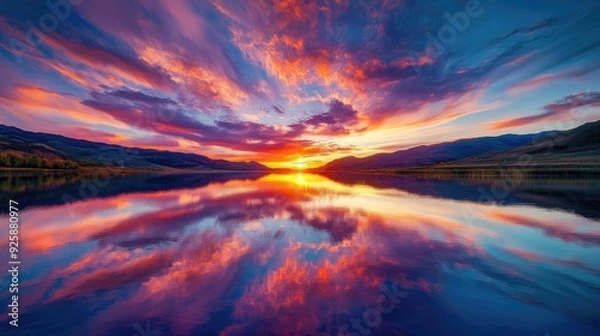 Fototapeta A picturesque sunset over a calm lake, with the vibrant colors of the sky mirrored in the still waters, creating a perfect moment of peace and reflection.