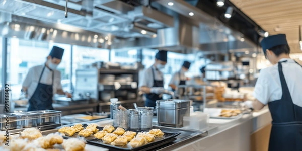 Fototapeta Busy Japanese restaurant. staff in motion. hand edited generative AI.
