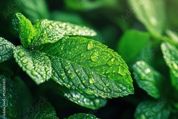 Fototapeta Lively mint foliage shimmering with moisture, detached