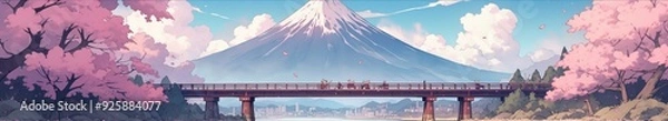 Obraz Medieval-Inspired Timeless Illustration of Mount Fuji with a Bridge and Cherry Trees, an AI-Animated Anime Style Fantasy Landscape, storybook illustrations, comic strips, book illustrations and pictur