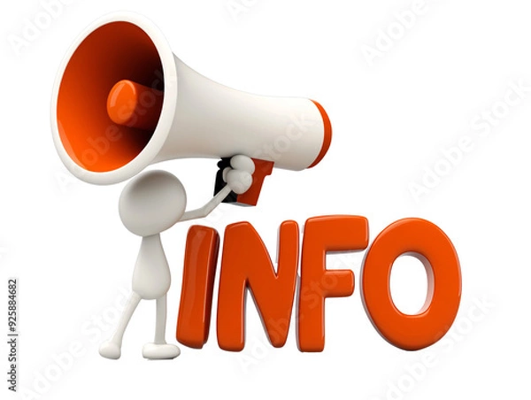 Obraz a white character holding a megaphone up to a large orange text