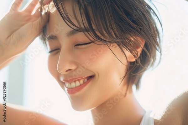 Obraz 朝の光の中で目を閉じる笑顔の日本人女性（美容・朝活・快眠・睡眠・幸せ・健康）
