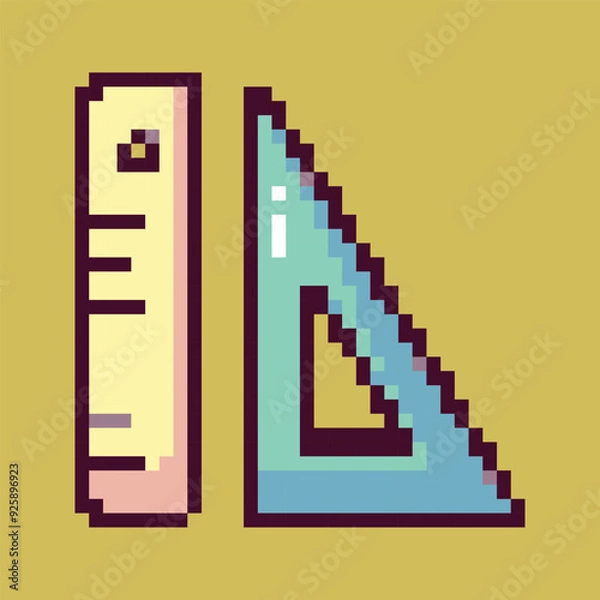 Fototapeta Pixel art illustration showcasing a vibrant and detailed office and school supplies scene. This digital artwork features a variety of pixelated items such as notebooks, pencils, erasers, rulers