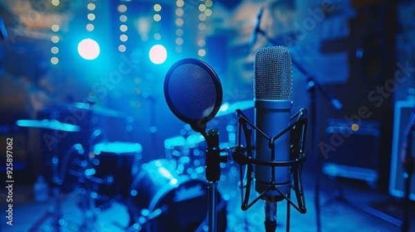 Fototapeta Professional microphone in a recording studio in blue light