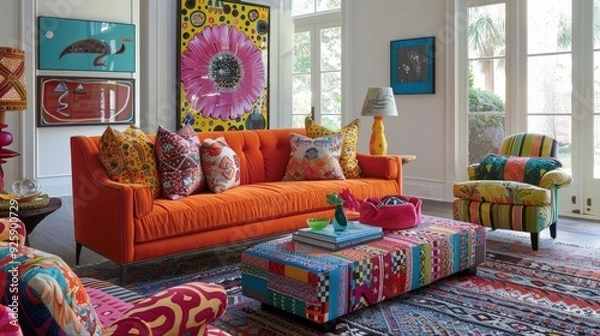Fototapeta Create a sketch of a vibrant living room with a colorful sofa, a bold coffee table, and a patterned rug