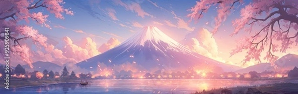 Obraz Pink-Hued Mount Fuji Wallpaper: A Stylized Anime-Inspired Cherry Blossom Landscape, Abstract Art for Gaming and Storybook Illustrations.