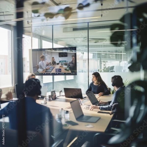 Fototapeta Professionals in a modern office engaged in a virtual meeting, focusing on innovative ideas and teamwork, equipped with laptops and video conferencing tools.