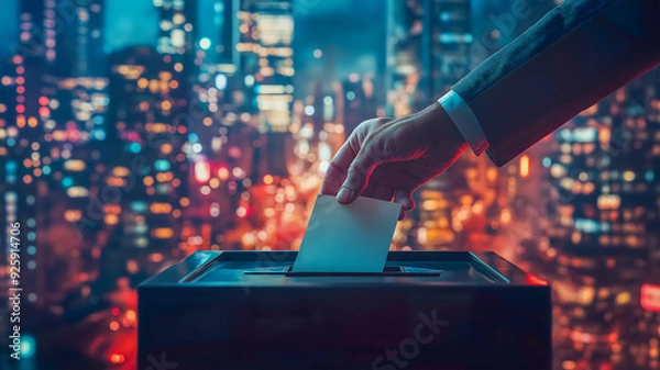 Fototapeta The United States presidential election in 2024. A hand dropping a ballot into a ballot box against the background of a large city, an idea of a person voting during an election.