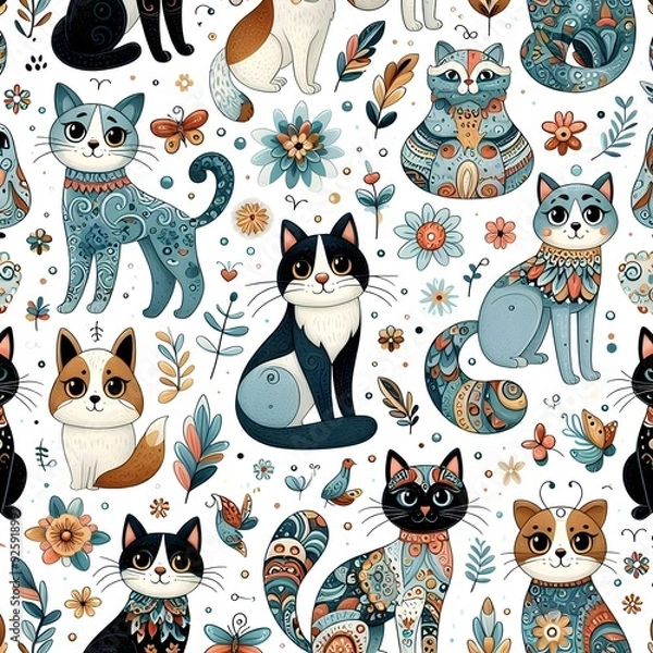 Obraz Cute Cartoon Cats Seamless Pattern, White Background
