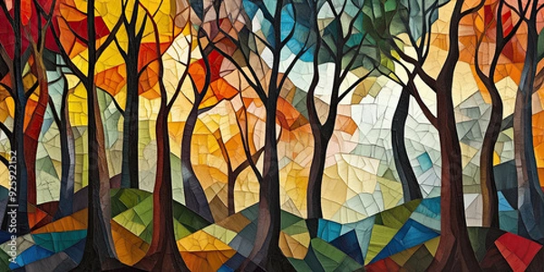 Fototapeta Forest background illustration art, artistic woodland abstract style, nature cubism Impressionism artwork woods tree patterns, generated ai