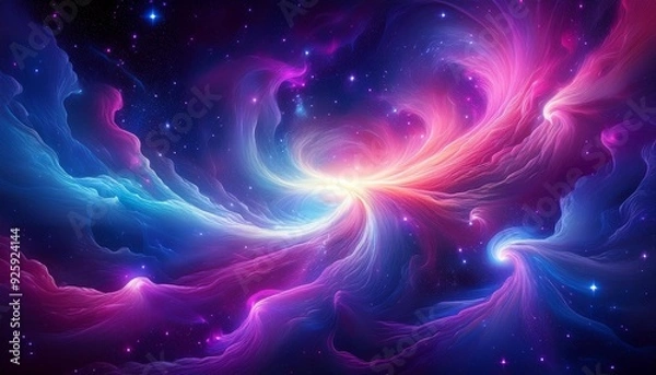 Obraz An abstract, cosmic background resembling a glowing nebula with swirling clouds of purple, blue, and pink, set against a deep, starry space