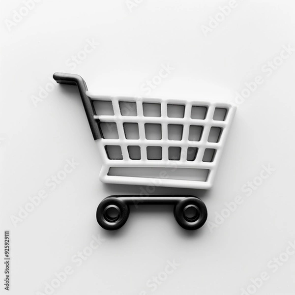 Fototapeta Black and white shopping cart icon on plain white background. Concepts of retail, online shopping, and simplicity.