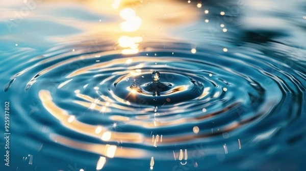Fototapeta Close-up of a Water Droplet Creating Ripples on a Calm Surface with Sunlight Reflections