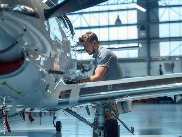 Fototapeta Aircraft mechanic working on small plane in hangar. Aviation maintenance, repairs, and inspection. Precision and technical expertise at work.