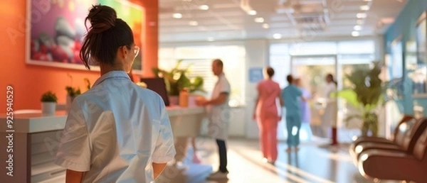 Fototapeta Healthcare professionals working in a modern hospital reception area with patients, showcasing a clean and professional medical environment.