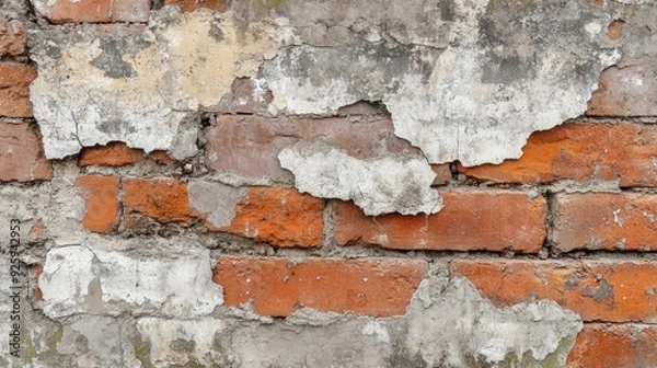 Fototapeta A close-up of an old, weathered brick wall with a variety of textures, from smooth to rough and crumbling