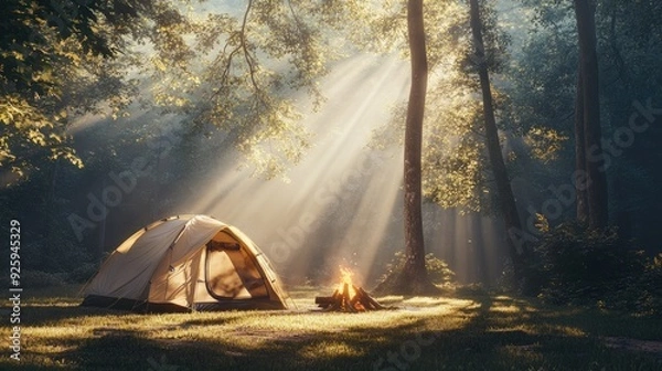 Fototapeta A tranquil camping scene in a secluded forest glade, with a tent, campfire, and soft rays of sunlight breaking through the trees
