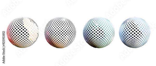 Fototapeta White halftone pattern sphere collection. Hexagon wireframe 3d circle set. Grid globe element bundle. Round dotted shape pack for tech poster, banner, cover, emblem, leaflet. Vector illustration