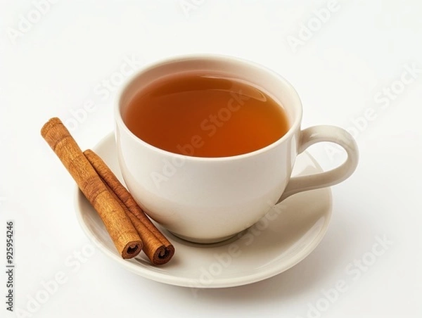 Fototapeta Fragrant hot tea with cinnamon stick and anise on a white background. A cup of hot tea with cinnamon Spicy tea with spices. Immunity tea. Health concept photography