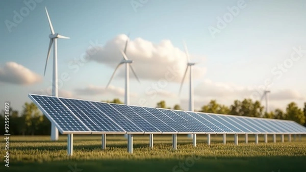 Fototapeta A hybrid renewable energy station utilizing solar panels, wind turbines, and waste-to-energy processes to achieve zero-waste, photo-realistic, advanced green energy solutions