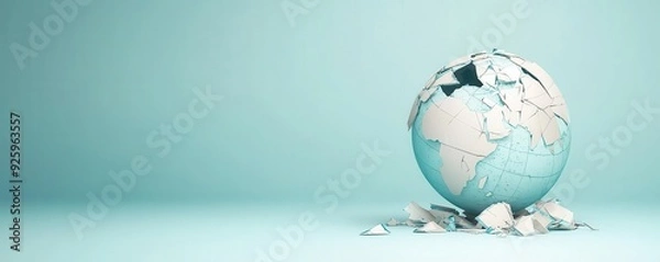 Fototapeta Shattered globe fragments flat design, front view, astronomy theme, cartoon drawing, Split-complementary color scheme