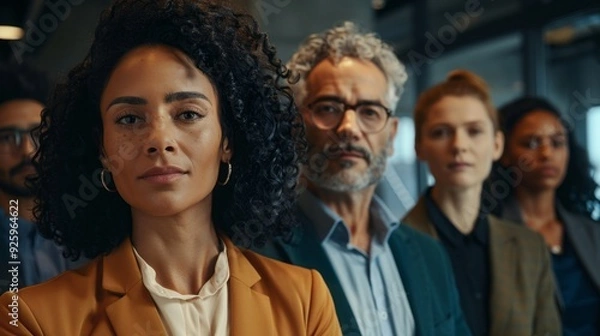 Obraz A group of professionals stands together, displaying a mix of emotions and focus while engaging in a vital conversation in a contemporary workspace