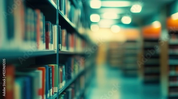 Fototapeta Blurred Bookshelf in Library.