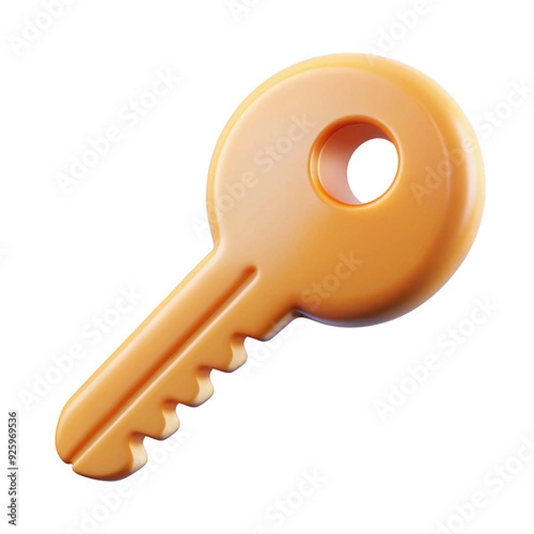 Fototapeta 3D orange cartoon key with a simple round design, featuring a fun and playful look. Ideal for use in digital illustrations and icons. Isolated on transparent background, png.