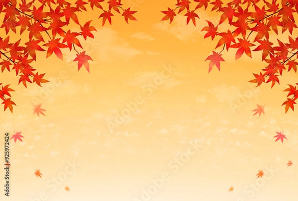 Fototapeta 紅葉　秋　水彩画　素材　枠　散る　舞う　紅葉狩り　落ち葉　行楽　田舎　ハイキング　レジャー　登山　秋祭り　文化祭　お彼岸　観光　キャンペーン　夕日　夕陽　シンプル　飾り　見出し　表紙　ポストカード　ポスター