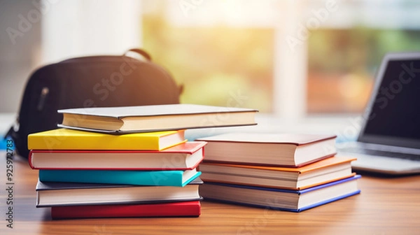 Obraz Stack of Books on a Desk with bag in a Study Environment