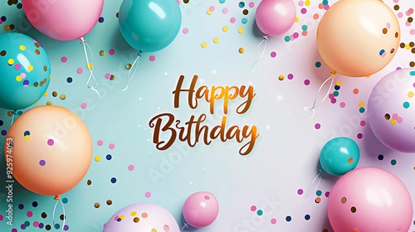 Fototapeta Colorful Happy Birthday Background with Balloons and Confetti