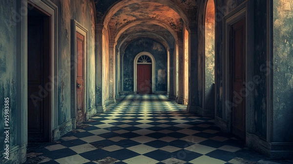 Fototapeta A decaying corridor in an abandoned mansion, with peeling walls and checkered flooring, bathed in soft light, evoking a haunting, nostalgic atmosphere.