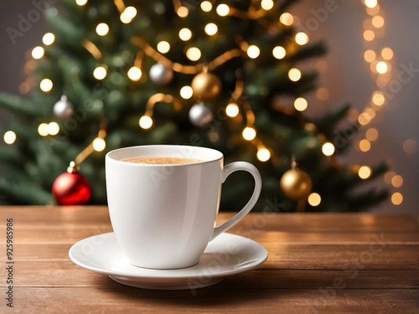Fototapeta Stylish white cup on wooden table against stylish festive christmas tree with golden lights. Space for text. Cup mock up, christmas advertising product template