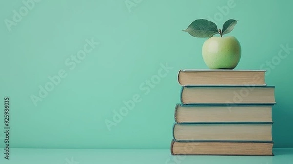 Obraz Stack of books with a green apple on top against a mint green background representing education and knowledge