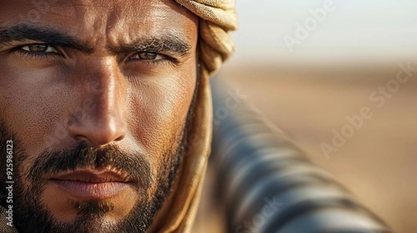 Fototapeta A close-up of an Arab man s face, merging with the vast, empty desert and the complex network of oil pipelines