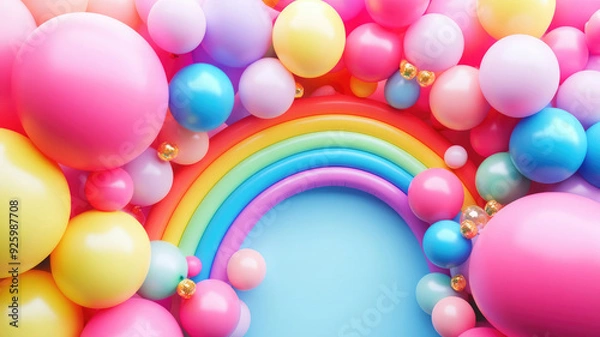 Obraz , rainbow and colorful balloons. birthday party 3d background. mockup, template for greetiing card, high quality image
