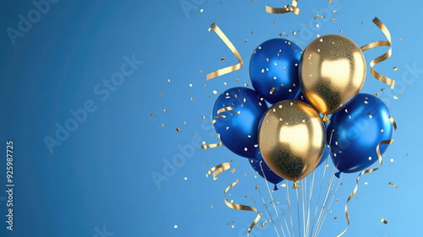 Fototapeta celebration, birthday, wedding, ballons blue golden, golden ribbons, flying on the top of image, blue background, texture, card, high quality image